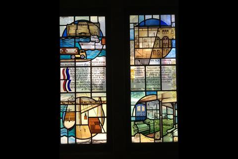 Stained glass in Christ Church Southwark, depicting local landmarks Sea Containers House and the Kirkaldy Testing Works